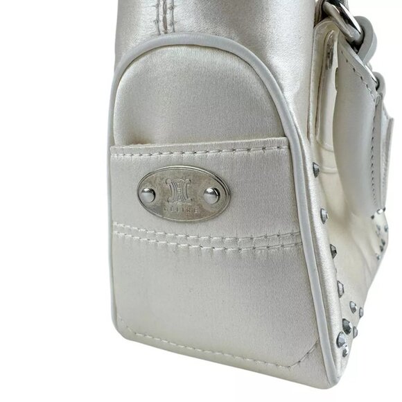 Auth CELINE Mini Boogie Bag Handbag White Satin/Leather/Silvertone - z3527 - Picture 10 of 13